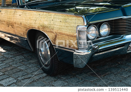 Berlin, Germany - May 2, 2026. Classic station wagon detail at Oldtimer Open Air Berlin, Germany - May 2, 2026. Classic station wagon detail at Oldtimer Open Air 139511440