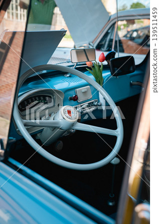 Berlin, Germany - May 2, 2026. Classic car interior at Oldtimer Open Air 139511459
