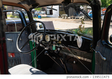 Berlin, Germany - May 2, 2026. Interior of vintage Austin car Berlin, Germany - May 2, 2026. Interior of vintage Austin car 139511473