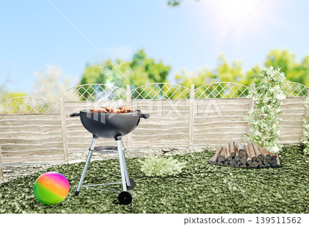 Outdoor barbecue grill in sunny backyard with green plants, 3d illustration 139511562