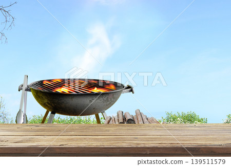summer time in backyard garden with grill BBQ, wooden table, blurred background summer time in backyard garden with grill BBQ, wooden table, blurred background 139511579