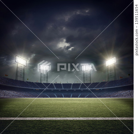 Stadium at night. The imaginary stadium is modelled and rendered. Stadium at night. The imaginary stadium is modelled and rendered. 139511654