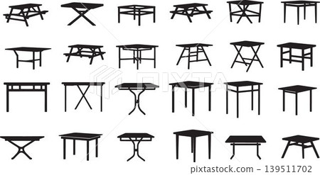 The image shows 20 different black silhouettes of picnic tables and benches in various designs and configurations all placed on a white background the tables vary in shape and size some are simple wit The image shows 20 different black silhouettes of picnic tables and benches in various designs and configurations all placed on a white background the tables vary in shape and size some are simple wit 139511702
