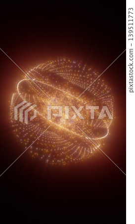 Abstract golden particle sphere with sparkling dots and radiant light, suggesting a digital planet or energy core. Abstract golden particle sphere with sparkling dots and radiant light, suggesting a digital planet or energy core. 139511773