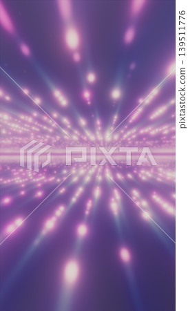 Abstract purple space with glowing light rays and bokeh particles streaming toward a bright horizon line, creating a dreamy futuristic depth effect 139511776
