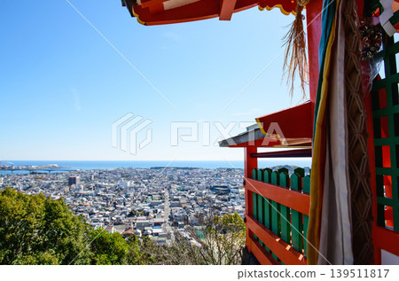 View of Shingu City and the Kumano Sea from Gotobiki Rock at Kamikura Shrine, Wakayama Prefecture 139511817