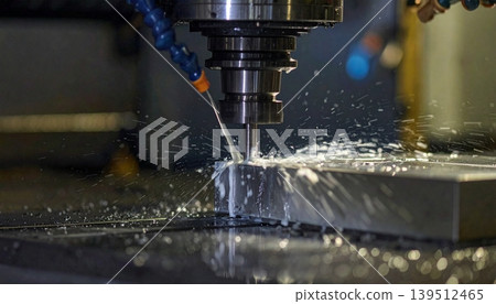 CNC milling machine processing on steel with a cooling; industrial metalworking machine CNC milling machine processing on steel with a cooling; industrial metalworking machine 139512465
