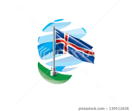 Icelandic flag on a green lawn against a background of blue abstract sky Icelandic flag on a green lawn against a background of blue abstract sky 139512636