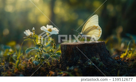 A white butterfly gently perched on a tree stump with wildflowers in a forest 139512677