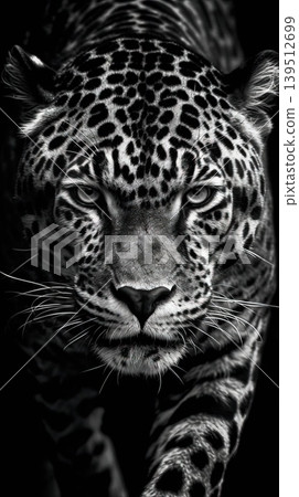Close up black and white portrait of a leopard staring forward Close up black and white portrait of a leopard staring forward 139512699