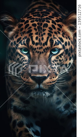 Close-up portrait of a leopard with striking blue eyes in a dark forest Close-up portrait of a leopard with striking blue eyes in a dark forest 139512716