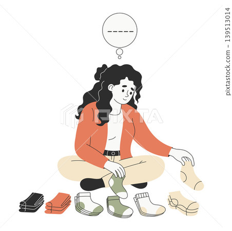 Neurodiversity Life. Autistic Woman Organizing Socks by Color for Sensory Relaxation. Silent Order and Mindfulness Practice. Repetitive Behavior for Stress Relief, Harmony. Vector Illustration. Neurodiversity Life. Autistic Woman Organizing Socks by Color for Sensory Relaxation. Silent Order and Mindfulness Practice. Repetitive Behavior for Stress Relief, Harmony. Vector Illustration. 139513014