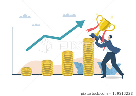 Success from business investments, Business profit growth, Stock market returns, Financial success concept, Businessman holding up trophy and high growth financial graph. Vector design illustration. Success from business investments, Business profit growth, Stock market returns, Financial success concept, Businessman holding up trophy and high growth financial graph. Vector design illustration. 139513228