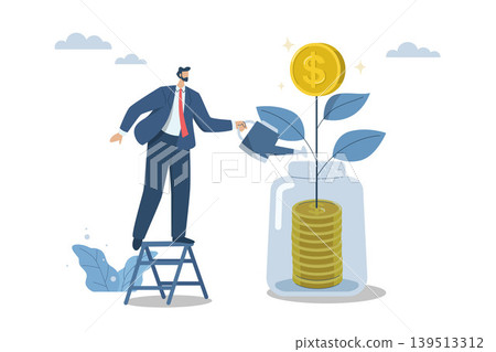 Return on investment or interest on deposits, Wealth from savings, Personal finance management concepts, Businessman is watering a growing money plant and is issuing coins. Vector design illustration Return on investment or interest on deposits, Wealth from savings, Personal finance management concepts, Businessman is watering a growing money plant and is issuing coins. Vector design illustration 139513312