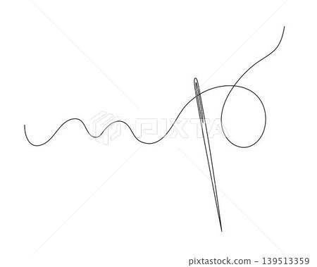 Steel sewing needle with thin cotton thread through its small eye, designed as sharp tool for stitching and mending or artistic embroidery projects as high quality craft supply, hand drawn clipart Steel sewing needle with thin cotton thread through its small eye, designed as sharp tool for stitching and mending or artistic embroidery projects as high quality craft supply, hand drawn clipart 139513359