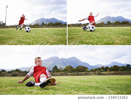 Happy boy, soccer and collage of slide tackle on green grass or field for outdoor match or game. Male person, child or football player playing with ball for sports or competition on stadium in nature Happy boy, soccer and collage of slide tackle on green grass or field for outdoor match or game. Male person, child or football player playing with ball for sports or competition on stadium in nature 139513362