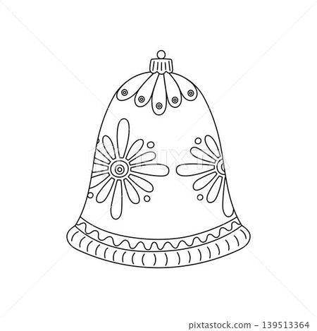 Festive bauble in form of bell Christmas tree decor doodle outline hand drawn simple vector illustration for winter holidays seasonal greeting card, invitation, sticker, line art clipart Festive bauble in form of bell Christmas tree decor doodle outline hand drawn simple vector illustration for winter holidays seasonal greeting card, invitation, sticker, line art clipart 139513364