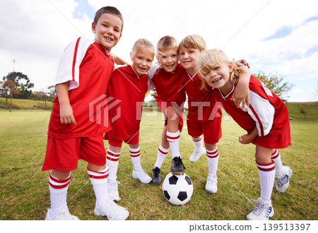 Children, group portrait and soccer team on field, happy and collaboration or support. People, kids and ready for competition and partnership or teamwork, smiling and solidarity or energy for game Children, group portrait and soccer team on field, happy and collaboration or support. People, kids and ready for competition and partnership or teamwork, smiling and solidarity or energy for game 139513397