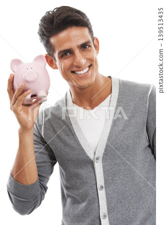 Portrait, man and piggy bank in studio for investment, finance or investing income on white background. Happy model, financial savings or moneybox for growth, cash funding or economy of future wealth Portrait, man and piggy bank in studio for investment, finance or investing income on white background. Happy model, financial savings or moneybox for growth, cash funding or economy of future wealth 139513435