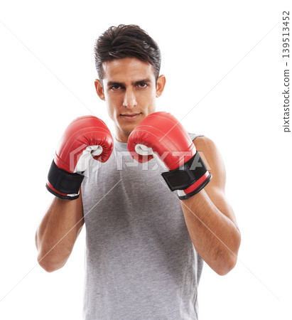 Boxing, man in portrait and sports for fitness, health and martial arts isolated on white background. Strong athlete with muscle, ready for fight with boxer gloves and MMA training exercise in studio Boxing, man in portrait and sports for fitness, health and martial arts isolated on white background. Strong athlete with muscle, ready for fight with boxer gloves and MMA training exercise in studio 139513452