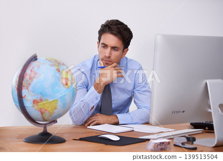 Thinking, earth or businessman with travel ideas or worldwide destination choice in office. Writing notes, brainstorming or professional agent with map of planet for geography or international trip Thinking, earth or businessman with travel ideas or worldwide destination choice in office. Writing notes, brainstorming or professional agent with map of planet for geography or international trip 139513504