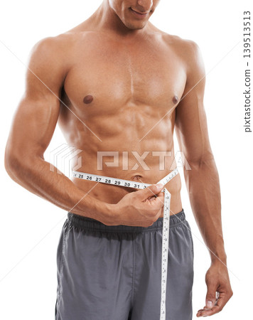 Muscular man, waist and tape measure for weight loss, diet or exercise against a white studio background. Closeup of male person hands measuring body, size or length for health and wellness on mockup Muscular man, waist and tape measure for weight loss, diet or exercise against a white studio background. Closeup of male person hands measuring body, size or length for health and wellness on mockup 139513513