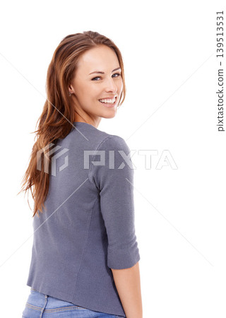 Portrait, fashion and smile with back of woman in studio isolated on white background for casual style. Relax, trendy and clothes with happy young redhead model over the shoulder in casual outfit Portrait, fashion and smile with back of woman in studio isolated on white background for casual style. Relax, trendy and clothes with happy young redhead model over the shoulder in casual outfit 139513531