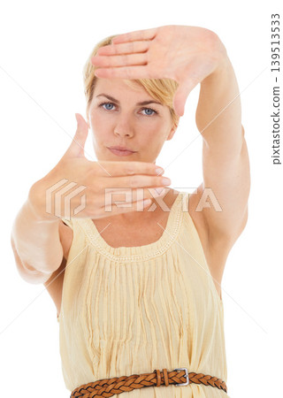 Woman, portrait and hand frame for photography, selfie or picture on a white studio background. Young female person, model or blonde photographer framing face for photo, memory or capture on mockup Woman, portrait and hand frame for photography, selfie or picture on a white studio background. Young female person, model or blonde photographer framing face for photo, memory or capture on mockup 139513533