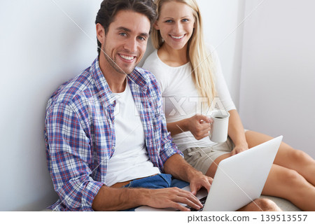 Portrait, relax or happy couple on laptop for email, social media or streaming subscription in home. Coffee, booking holiday vacation online or people on website or internet to search with smile Portrait, relax or happy couple on laptop for email, social media or streaming subscription in home. Coffee, booking holiday vacation online or people on website or internet to search with smile 139513557