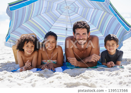 Father, children and family on beach, happy in portrait for summer vacation with parasol, bonding and love. People outdoor for holiday in Brazil with sand and sun, travel and adventure together Father, children and family on beach, happy in portrait for summer vacation with parasol, bonding and love. People outdoor for holiday in Brazil with sand and sun, travel and adventure together 139513566