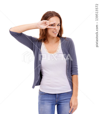 Portrait, fashion and peace sign on eye of woman in studio isolated on white background for style. Smile, trendy and hand gesture with happy young model person in casual or relaxed clothes outfit Portrait, fashion and peace sign on eye of woman in studio isolated on white background for style. Smile, trendy and hand gesture with happy young model person in casual or relaxed clothes outfit 139513572
