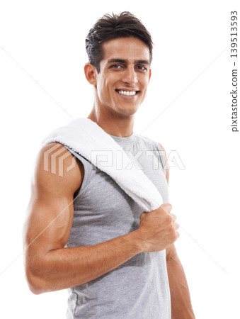 Happy man, portrait and towel for sweat in workout, exercise or fitness against a white studio background. Face of handsome male person smile for sports, training or cardio in weight loss on mockup Happy man, portrait and towel for sweat in workout, exercise or fitness against a white studio background. Face of handsome male person smile for sports, training or cardio in weight loss on mockup 139513593