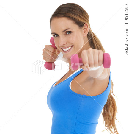 Weights, fitness and young woman in a studio for arm strength workout, training or exercise. Smile, sports and portrait of female athlete with dumbbell equipment for muscle health by white background Weights, fitness and young woman in a studio for arm strength workout, training or exercise. Smile, sports and portrait of female athlete with dumbbell equipment for muscle health by white background 139513599
