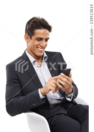 Man, smartphone and business communication with email, scroll online or internet search on white background. Social media, mobile app for professional research and reading information on website 139513614
