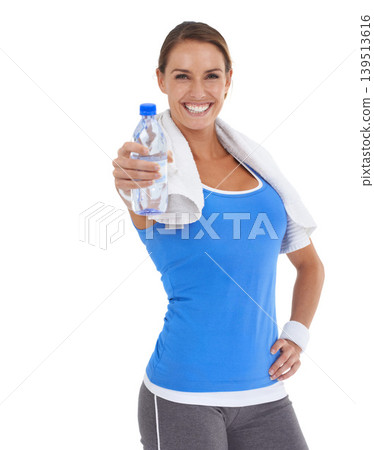 Woman, workout and water bottle in studio for health, wellness and exercise or fitness offer. Portrait of happy person or sports model with giving liquid for energy and training on a white background 139513616