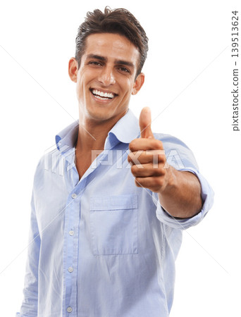 Portrait, man and thumbs up in studio for support, achievement or celebrate winner on white background. Happy model, emoji and like review for yes, feedback and vote for excellence, thank you or deal Portrait, man and thumbs up in studio for support, achievement or celebrate winner on white background. Happy model, emoji and like review for yes, feedback and vote for excellence, thank you or deal 139513624