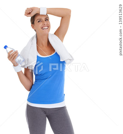 Water bottle, fitness and young woman in studio on break for exercise, training or workout. Smile, sports and happy female person with hydration drink for weight loss isolated by white background. Water bottle, fitness and young woman in studio on break for exercise, training or workout. Smile, sports and happy female person with hydration drink for weight loss isolated by white background. 139513629