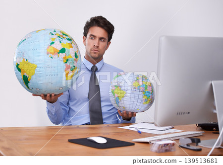 Travel, choice or businessman with globe, earth or worldwide destination for trip in office. Agent, computer or professional person with map of planet for geography, vacation or international journey Travel, choice or businessman with globe, earth or worldwide destination for trip in office. Agent, computer or professional person with map of planet for geography, vacation or international journey 139513681