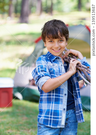 Wood, camping or portrait of boy in nature for playing, adventure or holiday vacation in park. Relax, collect or happy child with smile or sticks in woods, garden or forest for fun hiking or wellness Wood, camping or portrait of boy in nature for playing, adventure or holiday vacation in park. Relax, collect or happy child with smile or sticks in woods, garden or forest for fun hiking or wellness 139513687