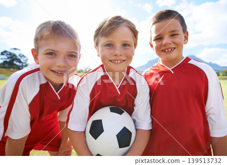 Children, group portrait and happy soccer team, field and collaboration or support. People, kids and ready for match and partnership or teamwork, smiling and solidarity or energy for game or match Children, group portrait and happy soccer team, field and collaboration or support. People, kids and ready for match and partnership or teamwork, smiling and solidarity or energy for game or match 139513732