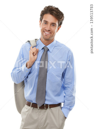 Happy, fashion and portrait of businessman in studio with elegant, fancy and stylish suit. Smile, confidence and handsome male person with luxury outfit for style isolated by white background. Happy, fashion and portrait of businessman in studio with elegant, fancy and stylish suit. Smile, confidence and handsome male person with luxury outfit for style isolated by white background. 139513783