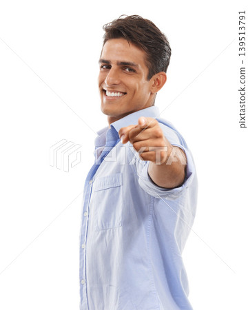 Portrait, man or pointing to you in studio for choice, decision or vote for winner on white background. Happy model show finger for recruitment, hiring emoji or invitation to join us for volunteering Portrait, man or pointing to you in studio for choice, decision or vote for winner on white background. Happy model show finger for recruitment, hiring emoji or invitation to join us for volunteering 139513791