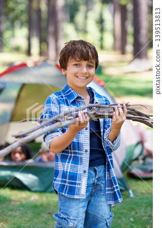 Wood, camping or portrait of child in nature for playing, adventure or holiday vacation in park. Relax, confidence or happy male kid with smile in woods, garden or forest for fun hiking or wellness Wood, camping or portrait of child in nature for playing, adventure or holiday vacation in park. Relax, confidence or happy male kid with smile in woods, garden or forest for fun hiking or wellness 139513813