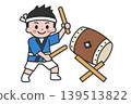 A man wearing a happi coat plays the Japanese drum. 139513822