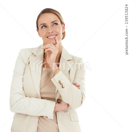 Smile, ideas or businesswoman in studio thinking of problem solving or space on white background. Happy, solution or confused attorney or lawyer contemplating thought, choice or option for decision Smile, ideas or businesswoman in studio thinking of problem solving or space on white background. Happy, solution or confused attorney or lawyer contemplating thought, choice or option for decision 139513824