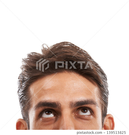 Man, head and thinking on mockup space looking up for idea, decision or choice against a white studio background. Closeup of young male person face or eyes in thought, wonder or contemplating Man, head and thinking on mockup space looking up for idea, decision or choice against a white studio background. Closeup of young male person face or eyes in thought, wonder or contemplating 139513825
