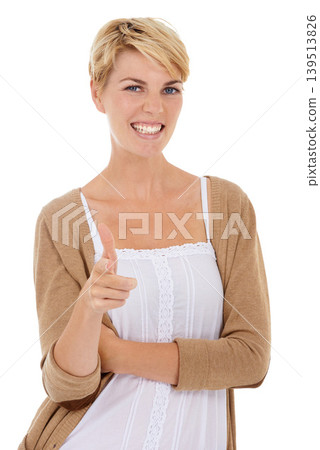 Happy woman, portrait and pointing to you for selection, choice or decision on a white studio background. Face of young female person, model or blonde with target finger for good job, ok or spot on Happy woman, portrait and pointing to you for selection, choice or decision on a white studio background. Face of young female person, model or blonde with target finger for good job, ok or spot on 139513826