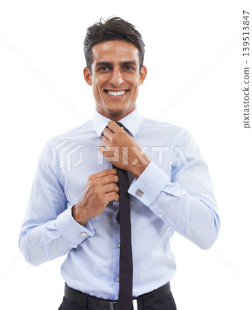 Business man, studio and ready with tie, smile and portrait with corporate fashion by white background. Entrepreneur, employee and person with shirt, clothes and happy with preparation for career Business man, studio and ready with tie, smile and portrait with corporate fashion by white background. Entrepreneur, employee and person with shirt, clothes and happy with preparation for career 139513847