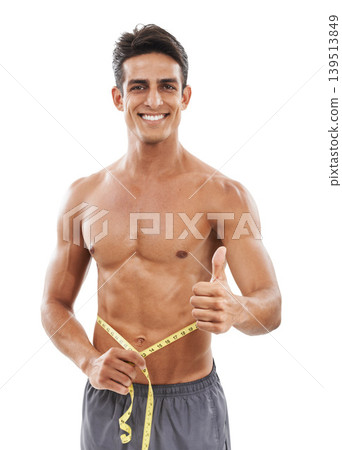 Happy man, portrait and thumbs up with tape measure for fitness, success or diet against a white studio background. Handsome and muscular male person with like emoji or yes sign for workout exercise Happy man, portrait and thumbs up with tape measure for fitness, success or diet against a white studio background. Handsome and muscular male person with like emoji or yes sign for workout exercise 139513849
