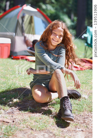 Smile, camping or portrait of girl in park smile for playing, adventure or freedom on grass in nature. Childhood, travel or female teenager in woods or forest for fun hiking, happiness and trekking Smile, camping or portrait of girl in park smile for playing, adventure or freedom on grass in nature. Childhood, travel or female teenager in woods or forest for fun hiking, happiness and trekking 139513906